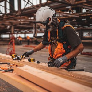 Byggarbetare i skyddskläder som borrar i trä